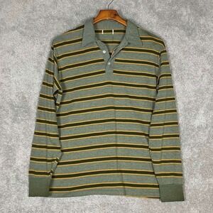Vintage 70s Mens Striped Long Sleeve Polo Shirt Green Yellow Rugby Multi Color M